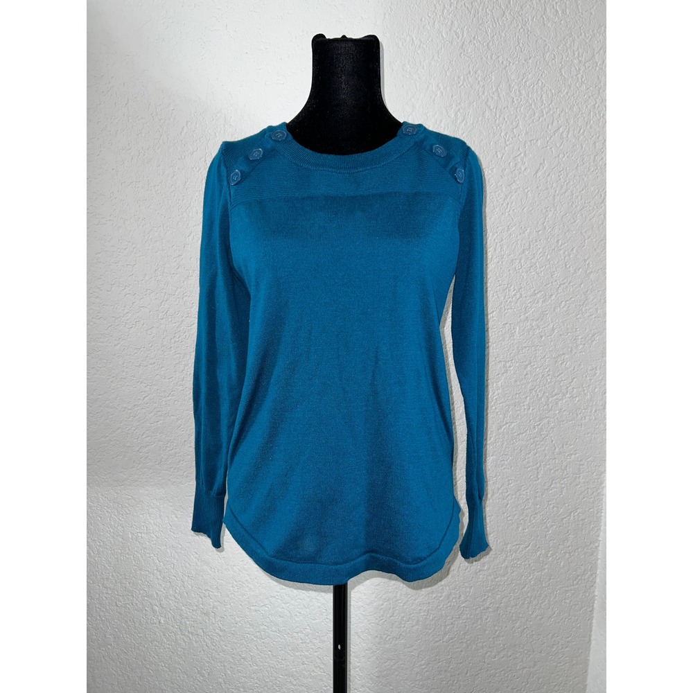 Liz Claiborne Teal Blue Shoulder Button Fine Knit Crewneck Pullover Sweater S